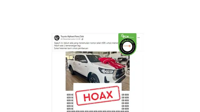 Berita Hoaks Pembagian Toyota Hilux Hanya dengan Tebak Angka di Facebook